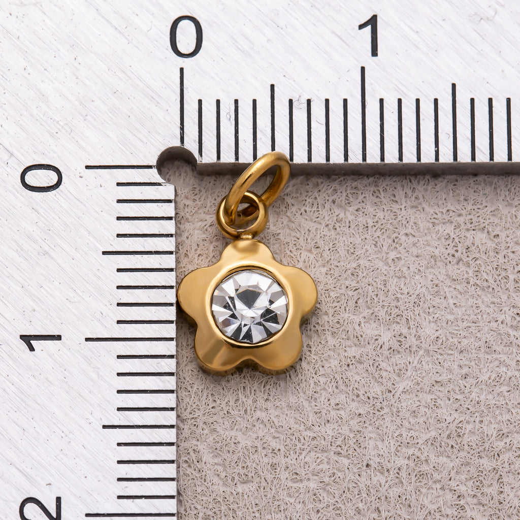Gold PVD Stainless Steel Round CZ Tiny Bezel Cut Flower Shaped Charm