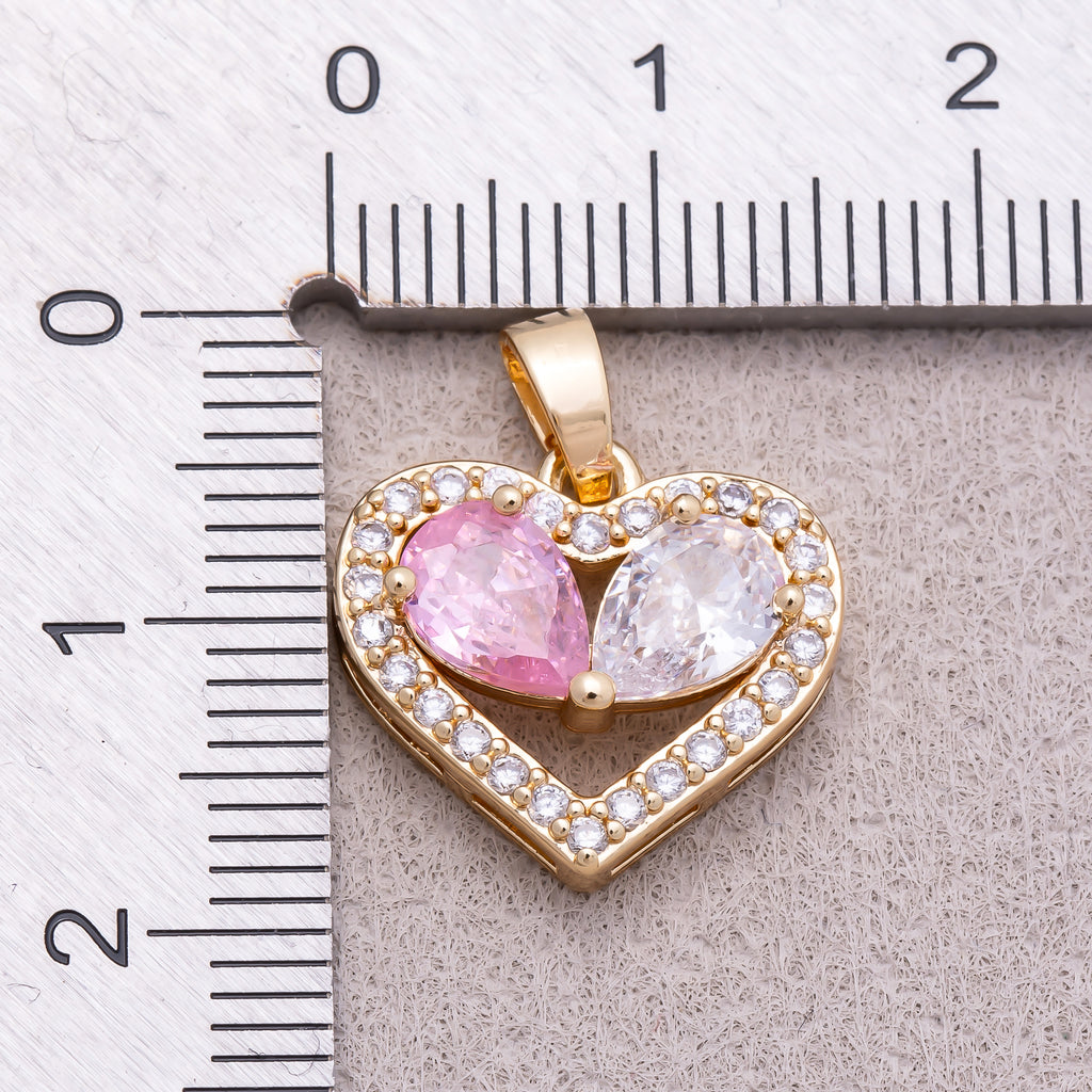 16K Gold Plated Pink Clear Teardrop CZ Round Beaded Love Heart Pendant - Sold Each