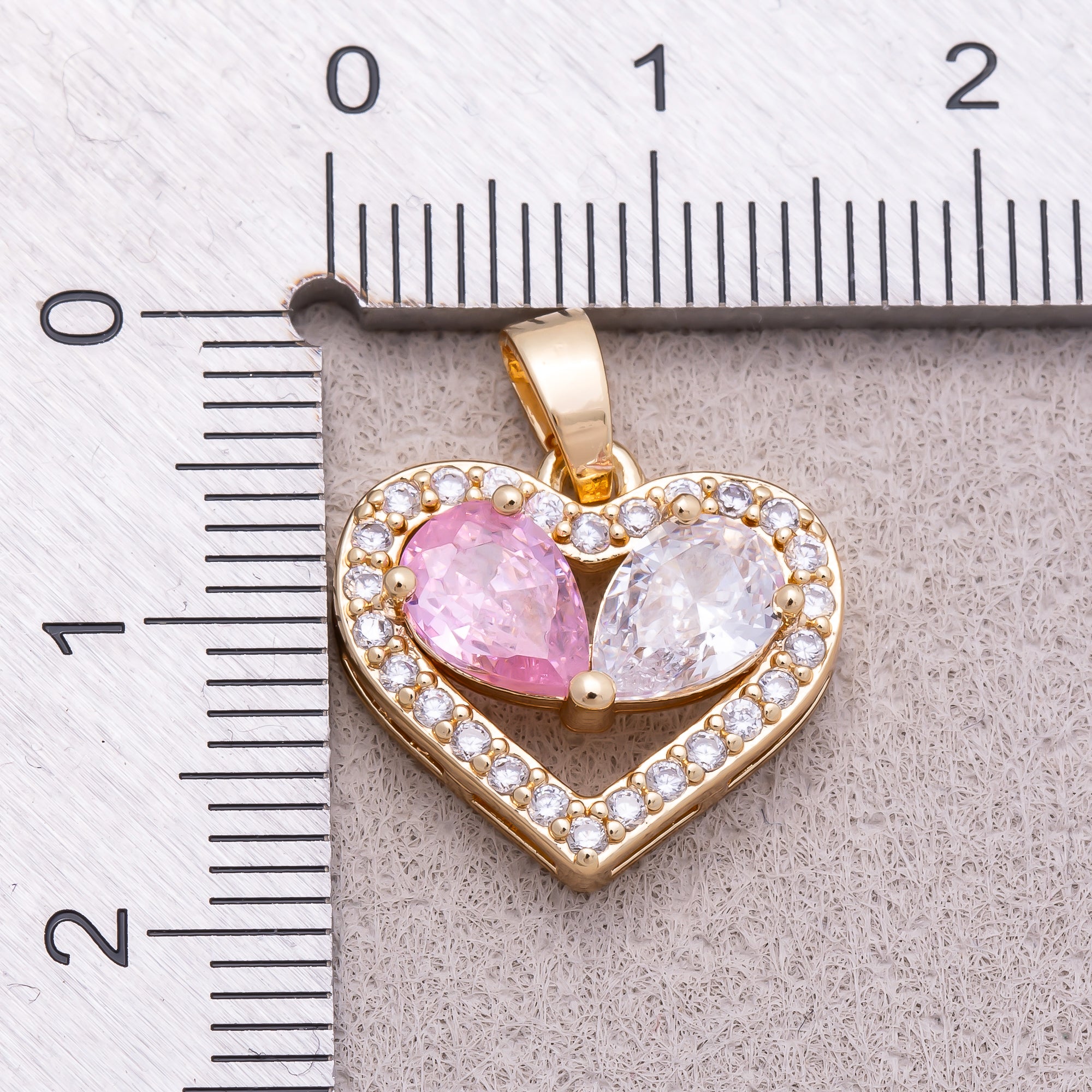 16K Gold Plated Pink Clear Teardrop CZ Round Beaded Love Heart Pendant - Sold Each