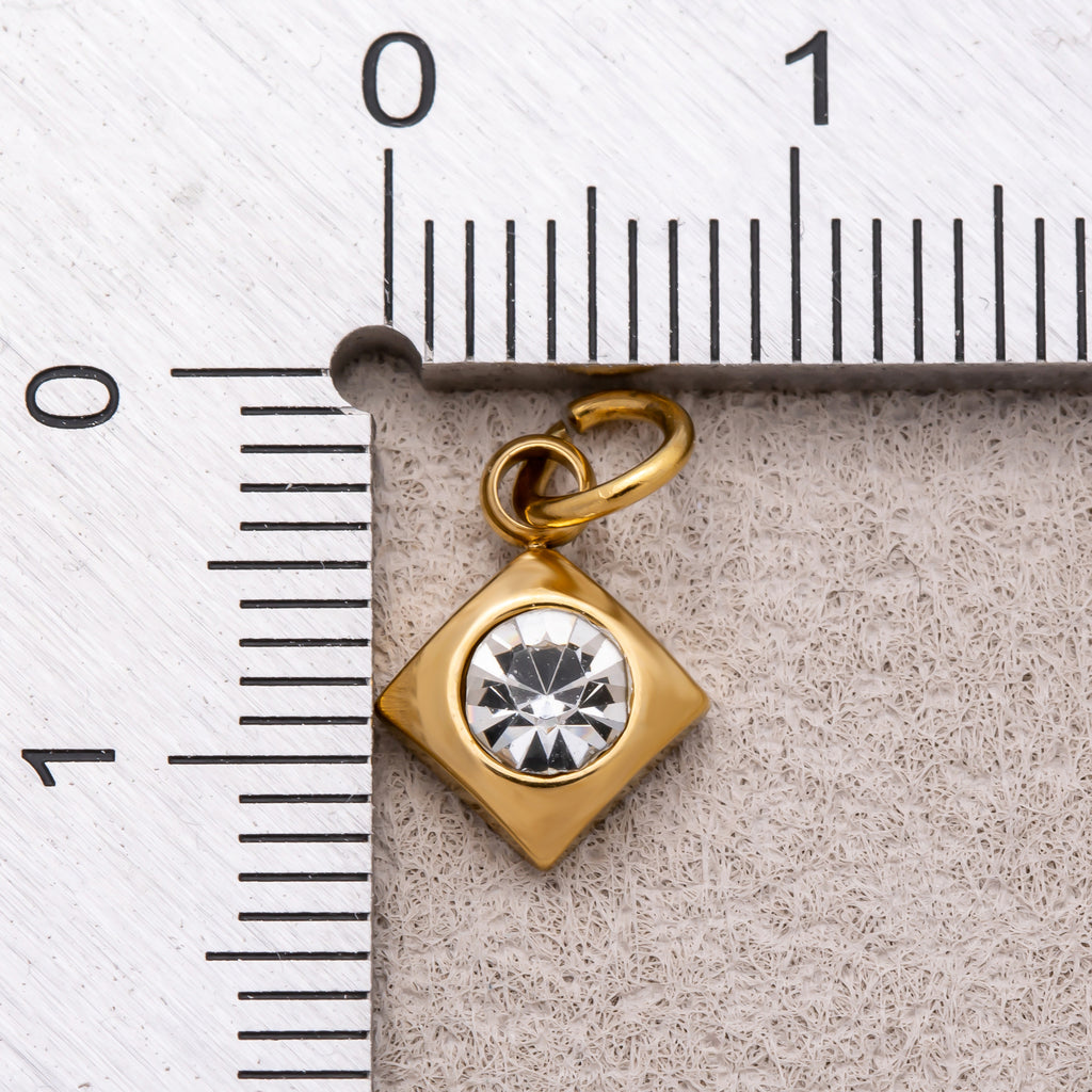 Gold PVD Stainless Steel Round CZ Tiny Bezel Cut Rhombus Charm