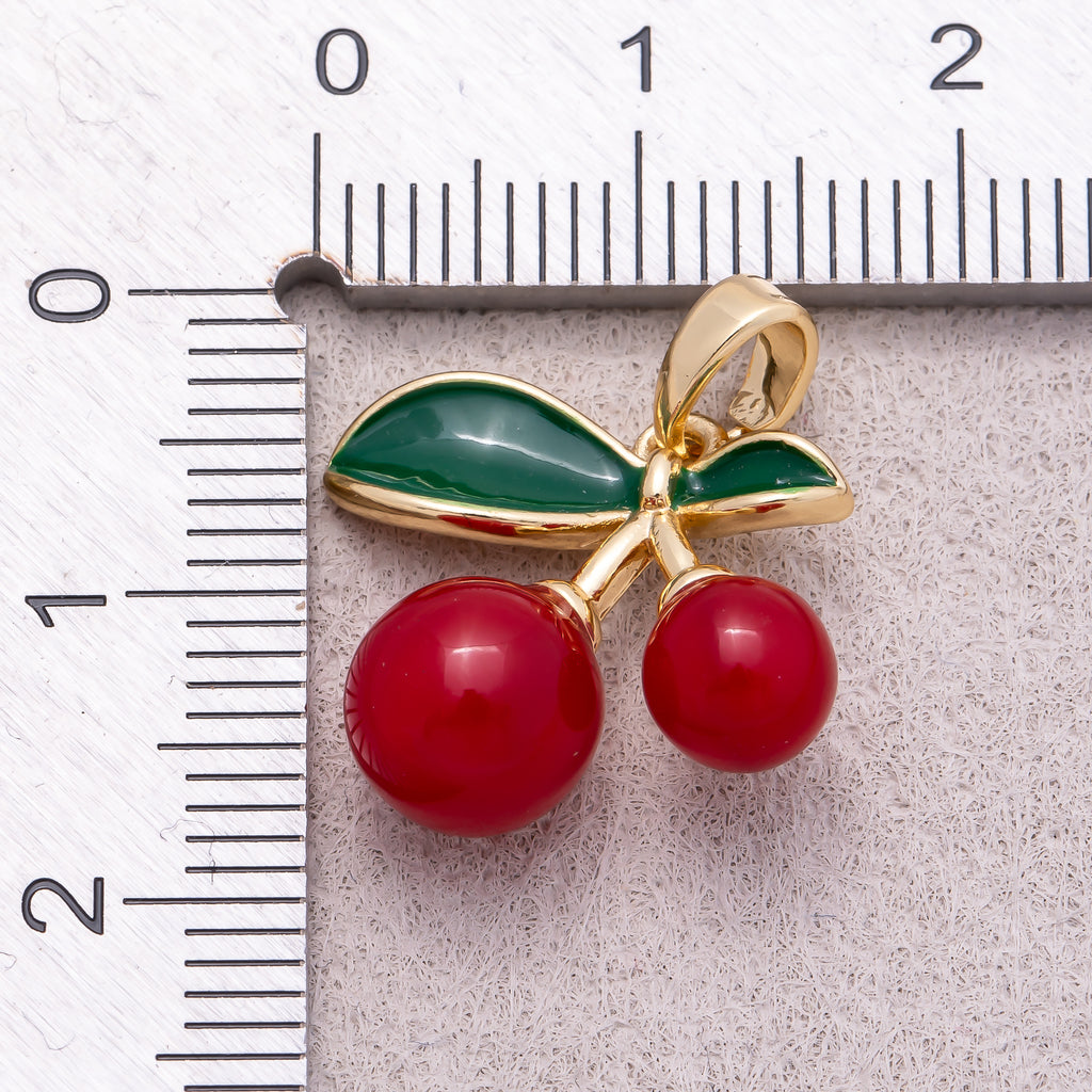 16K Gold Plated Red Enamel Cherry Fruit Pendant - Sold Each