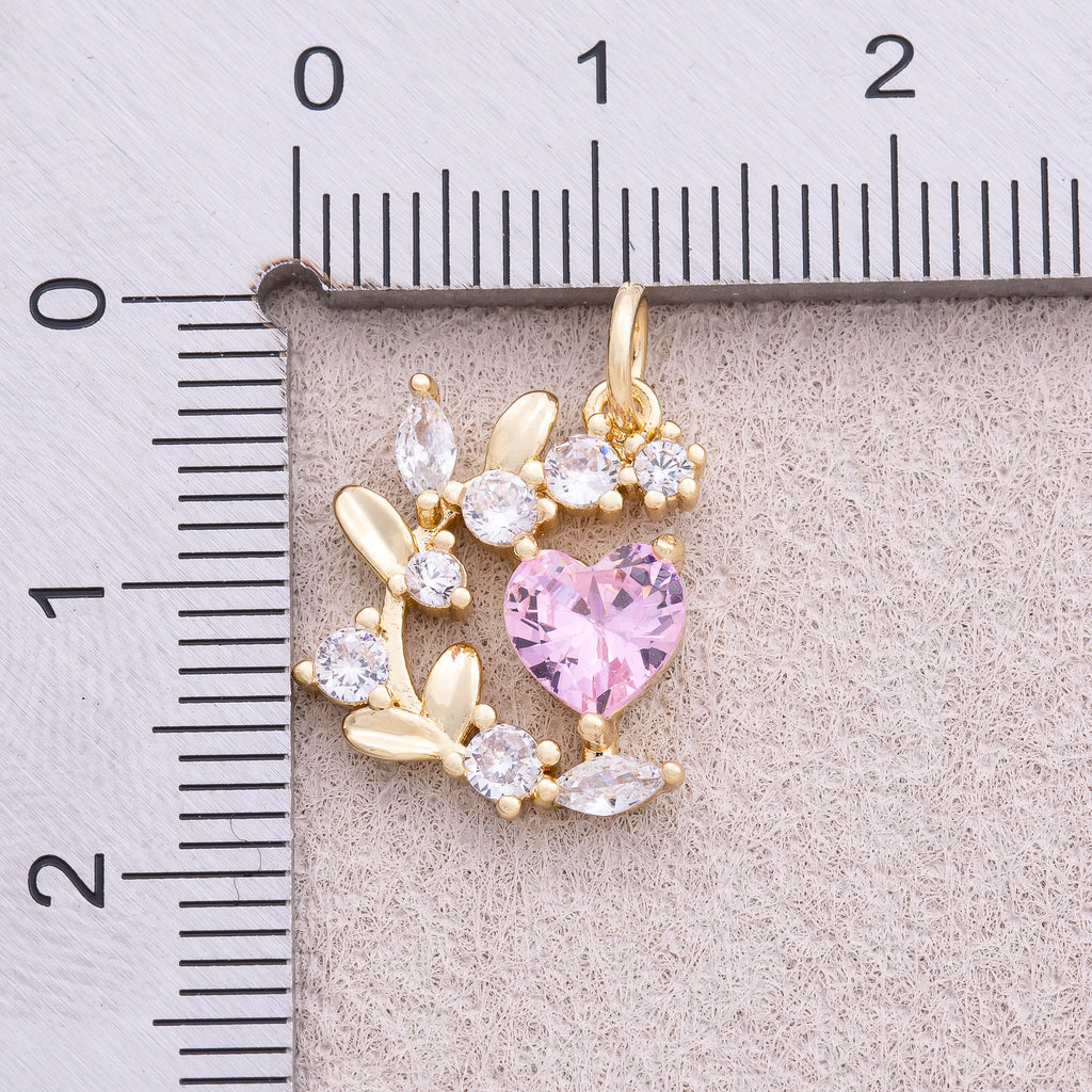 18K Gold Plated Pink Heart CZ Floral Wreath Flower Pendant - Sold Each