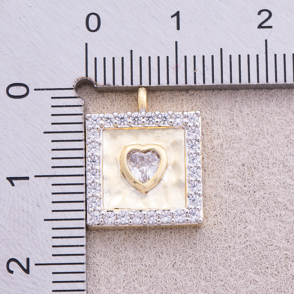 Two Tone Gold Plated Micro Paved CZ Bezel Heart Square Charm - Sold Each