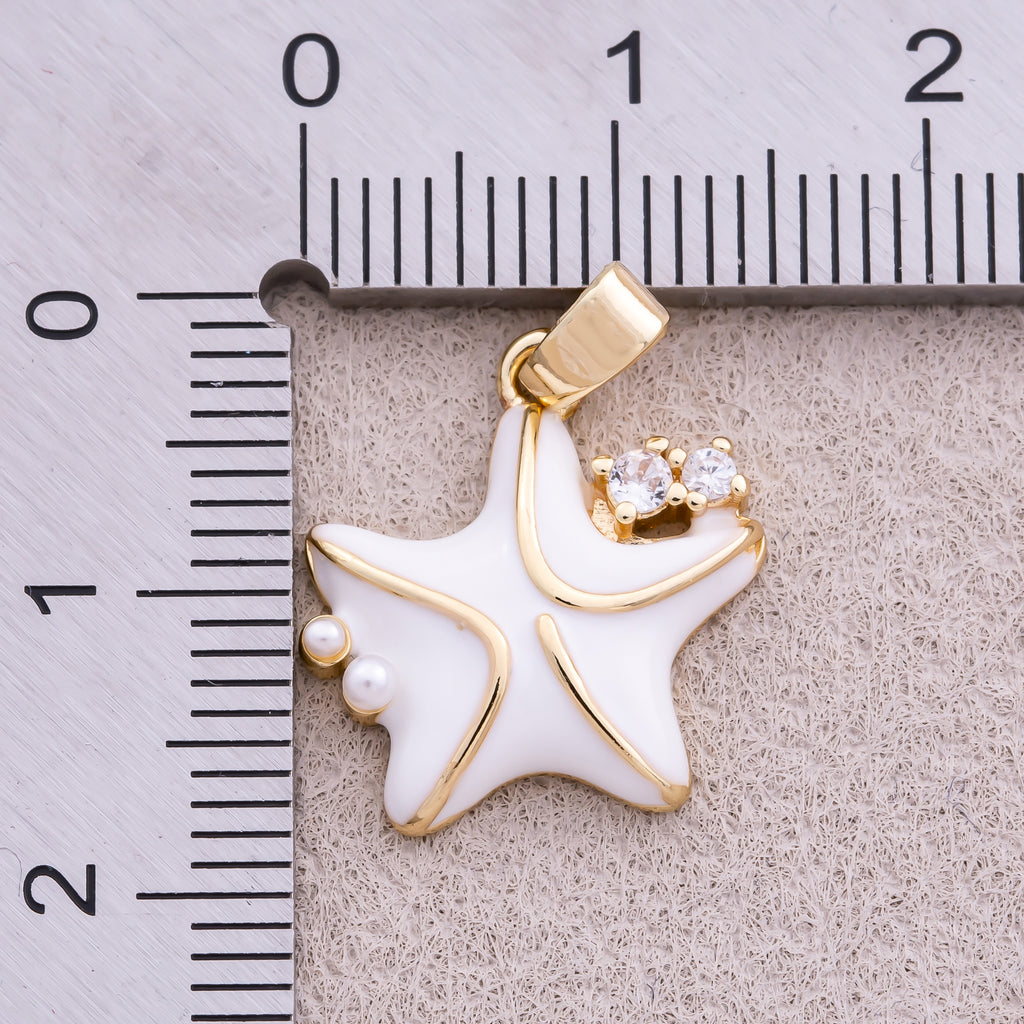 16K Gold Plated Clear CZ White Enamel Celestial Star Charm - Sold Each