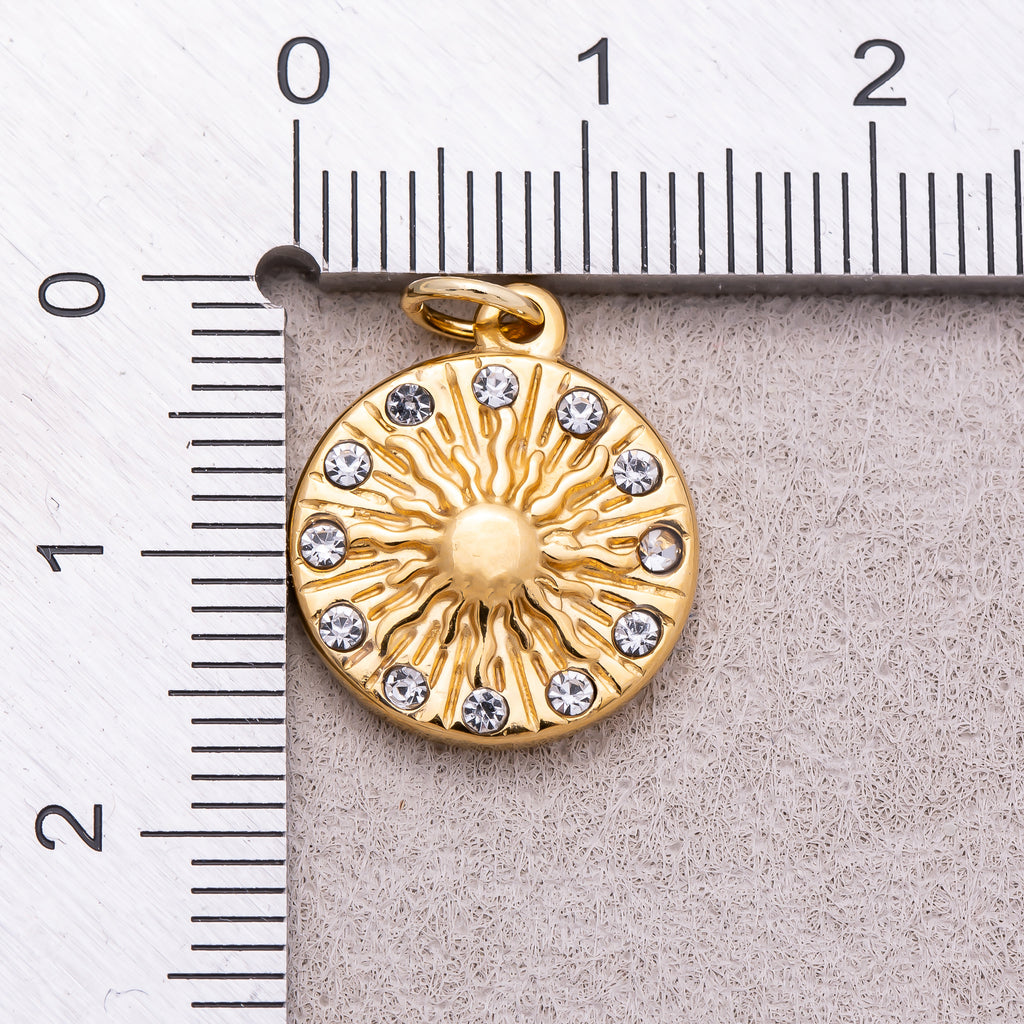 Gold PVD Stainless Steel Clear CZ Celestial Sunburst Medallion Charm