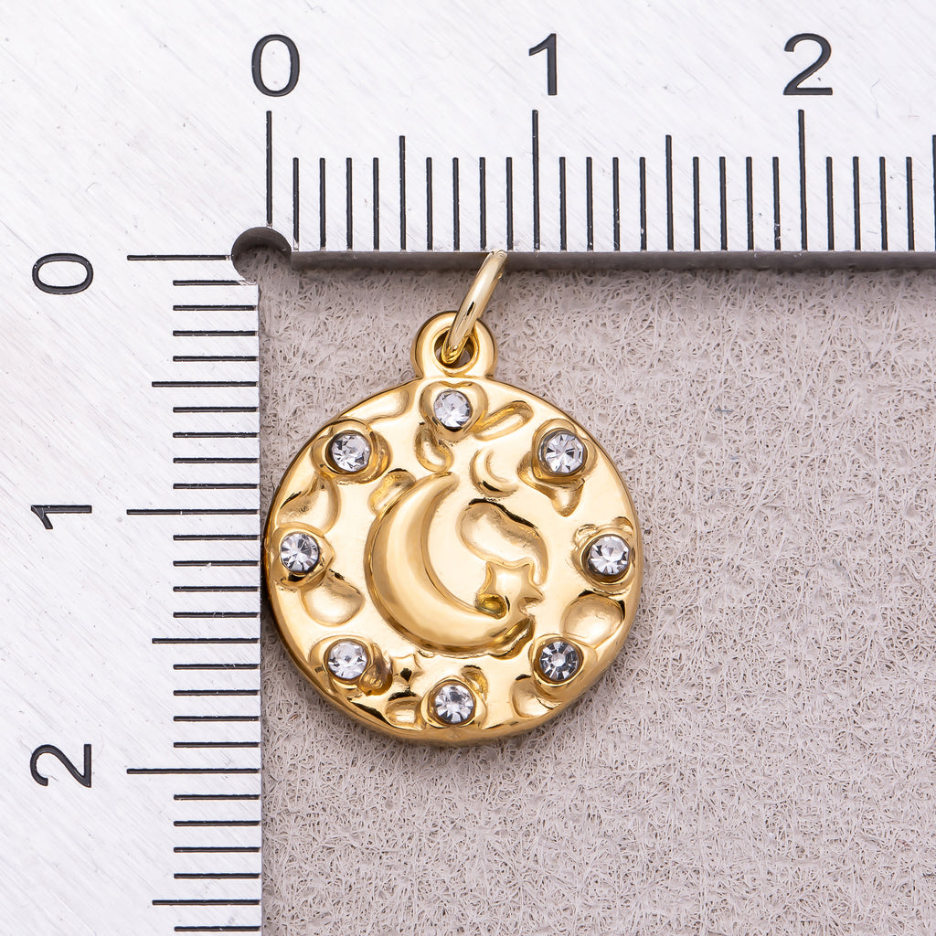 Gold PVD Stainless Steel Hammered Celestial Moon Medallion Charm