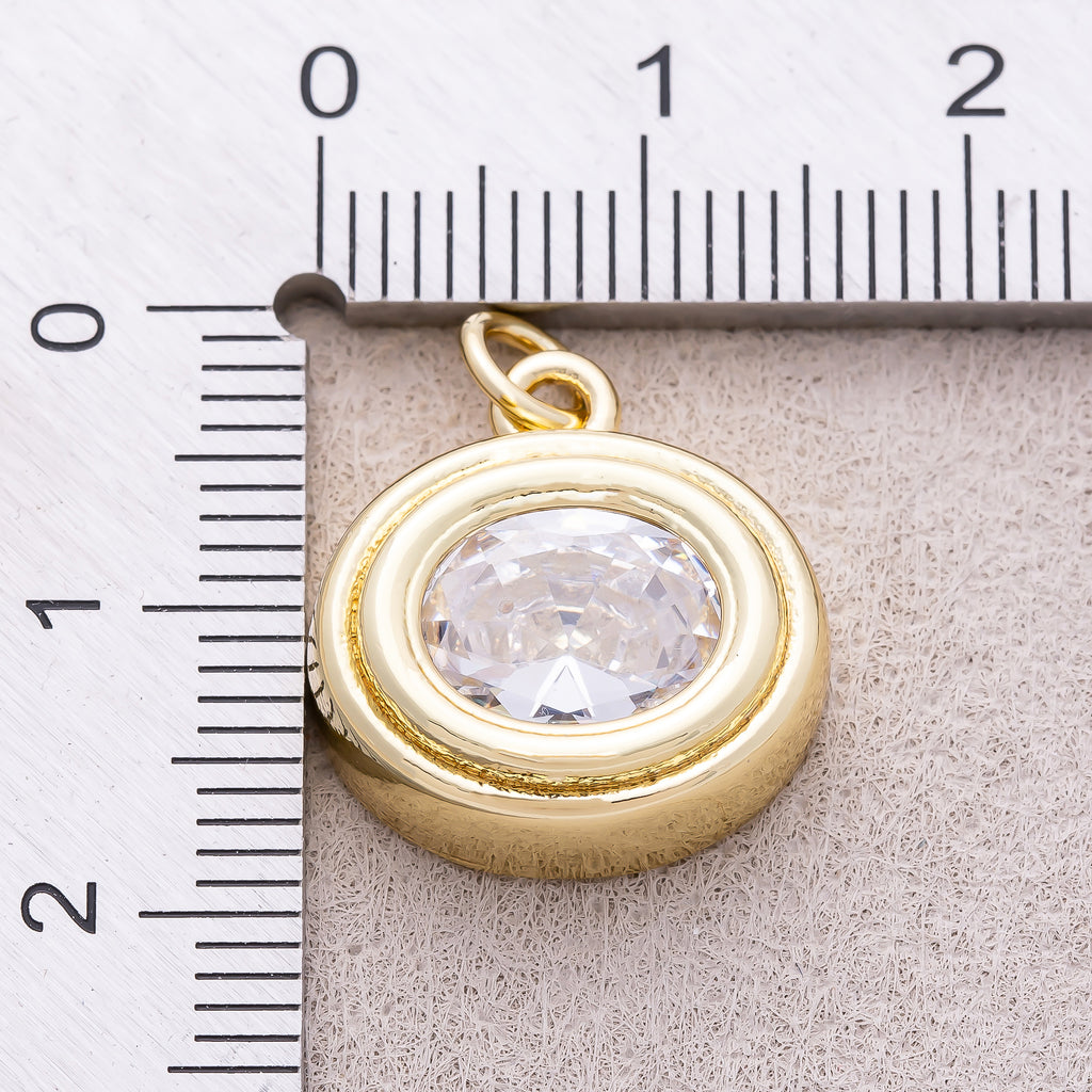 16K Gold Plated Clear CZ Round Solitaire Bezel Charm - Sold Each