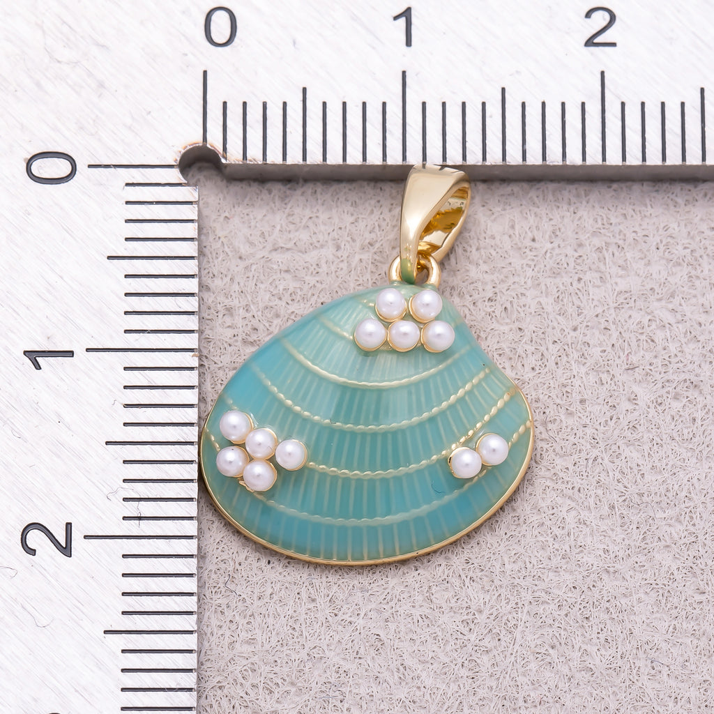 16K Gold Shell Pearl Blue Turquoise Ocean Seashell Enamel Pendant - Sold Each