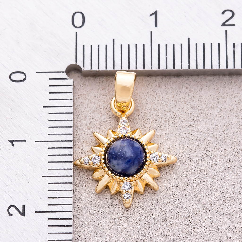 16K Gold Plated Clear CZ Blue Lapis Lazuli Gemstone Celestial Star Sun Pendant - Sold Each