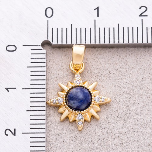 16K Gold Plated Clear CZ Blue Lapis Lazuli Gemstone Celestial Star Sun Pendant - Sold Each