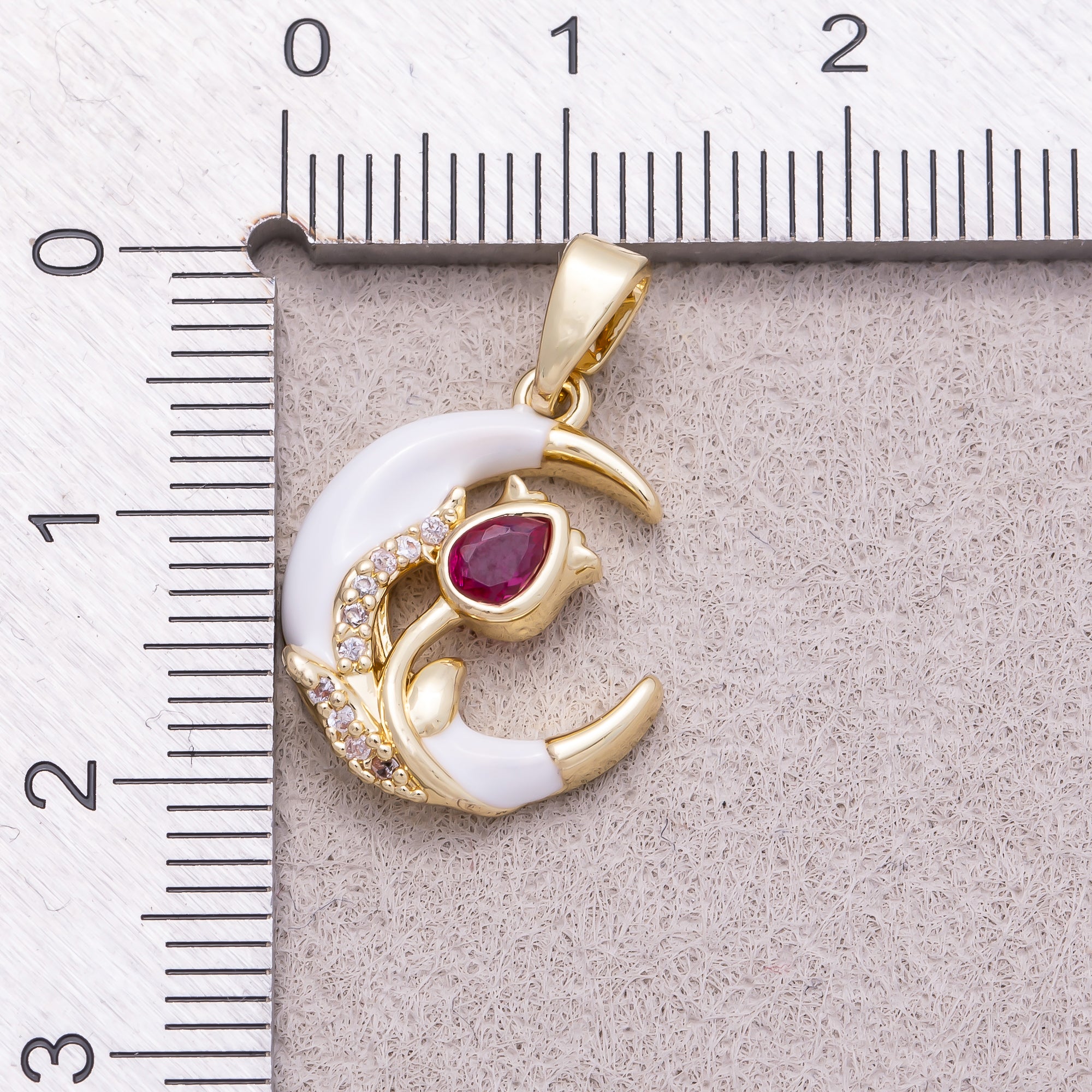 16K Gold Plated Micro Paved CZ Flower Crescent Moon White Enamel Pendant - Sold Each