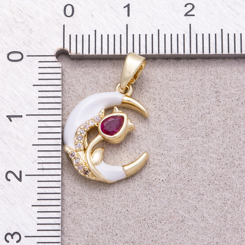 16K Gold Plated Micro Paved CZ Flower Crescent Moon White Enamel Pendant - Sold Each