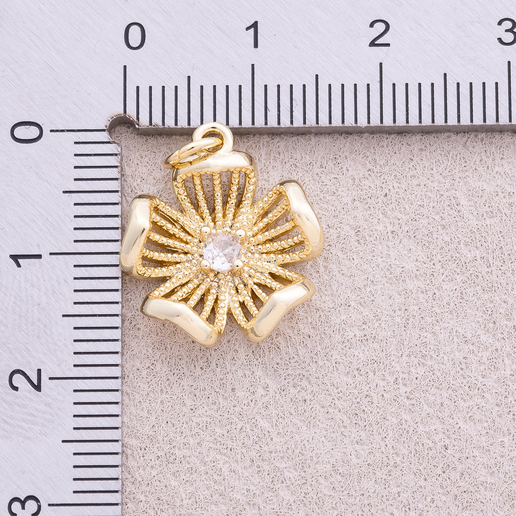 16K Gold Plated Solitaire CZ Filigree Blooming Flower Charm - Sold Each