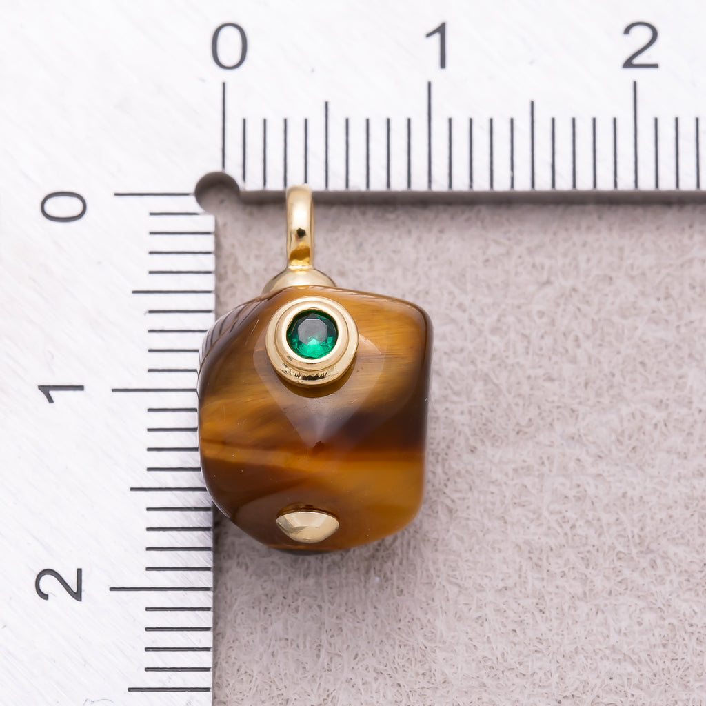 16K Gold Plated Green CZ Tiger Eye Natural Gemstone Asymmetric Mini Charm - Sold Each