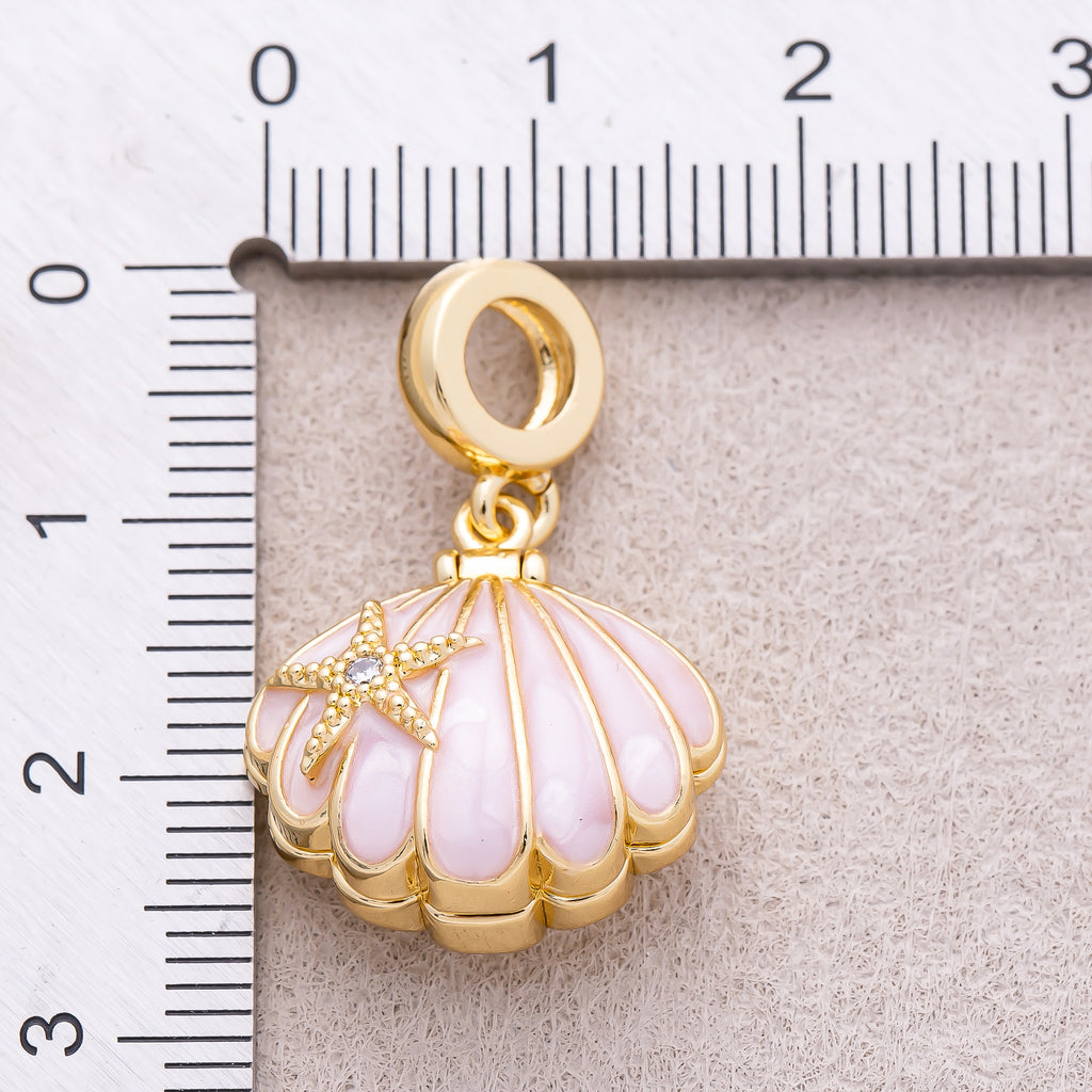 16K Gold Plated White, Pink Enamel Seashell Ocean Multidimensional Pendant - Sold Each