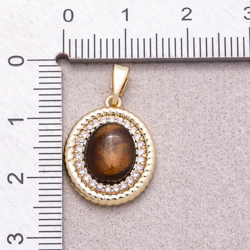 16K Gold Plated Micro Paved CZ Tiger Eye Natural Gemstone Bezel Rope Pendant - Sold Each