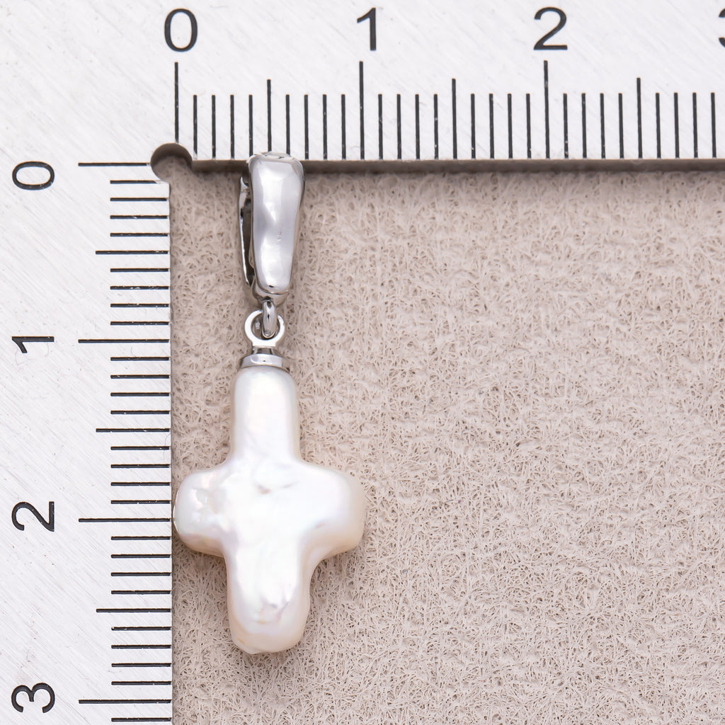 Rhodium Plated Freshwater Pearl Minimalist Religious Cross Pendant - Sold Each