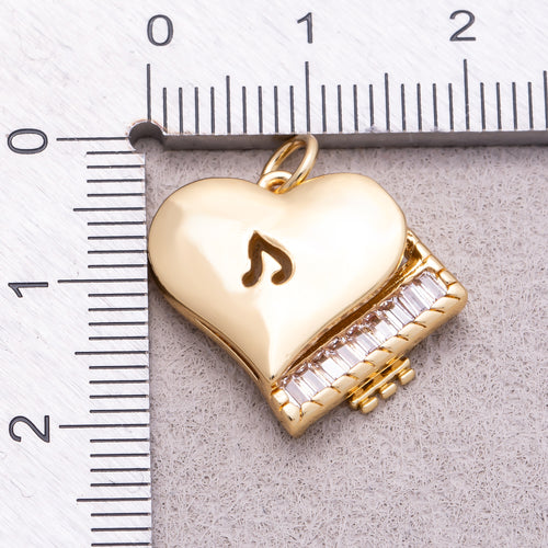 16K Gold Plated Baguette CZ Heart Piano Musical Instrument Charm - Sold Each