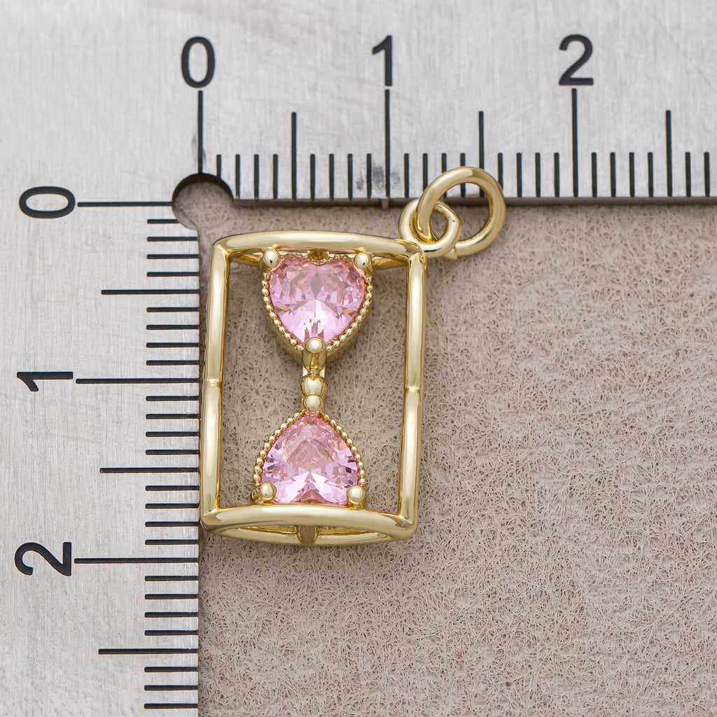 16K Gold Plated Pink CZ Ribbed Heart Hourglass Open Charm - Sold Each