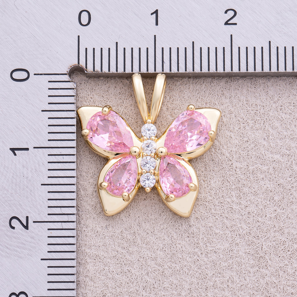 18K Gold Plated Pink Teardrop CZ Butterfly Mariposa Animal Pendant - Sold Each