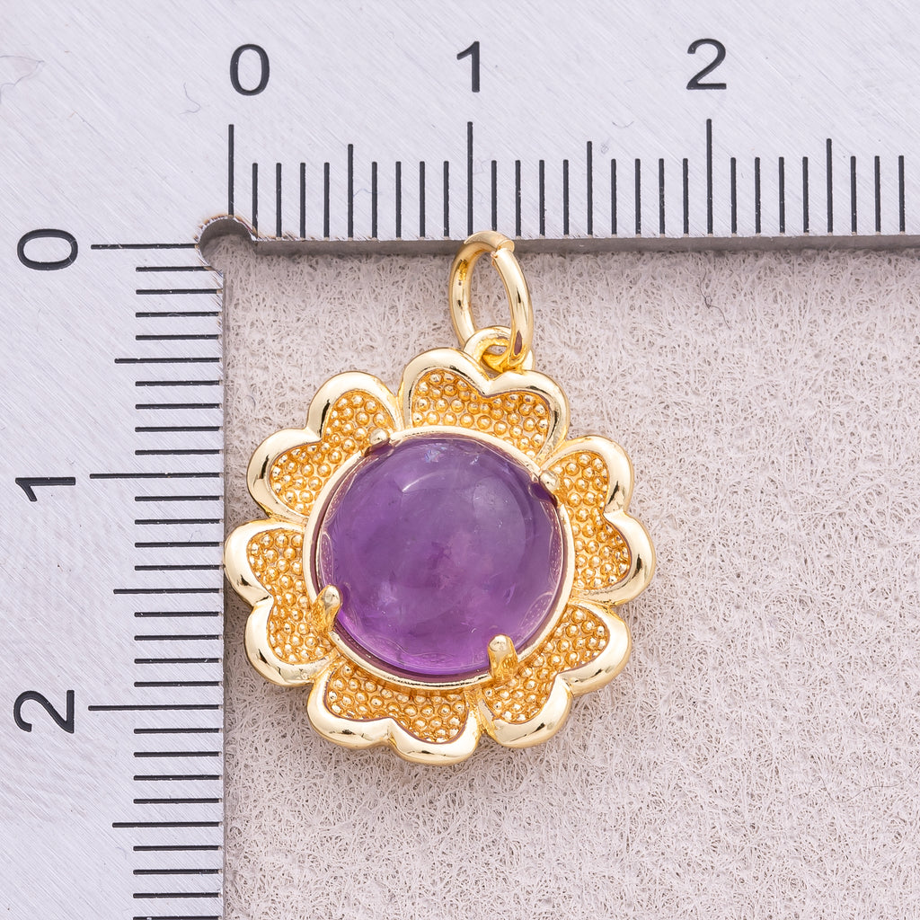 16K Gold Plated Red and Purple Natural Gemstone Flower Charm - Sold Each