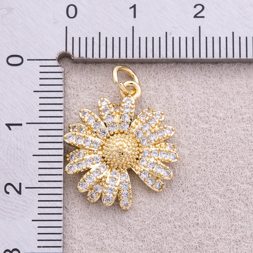 16K Gold Plated Micro Paved CZ Daisy Flower Charm - Sold Each
