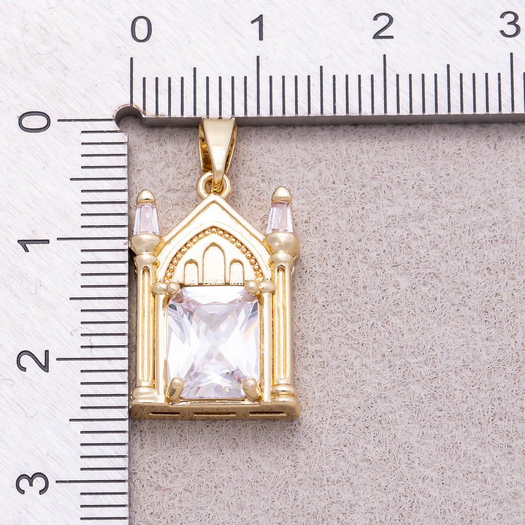 16K Gold Plated Clear CZ Architectural Vintage Church Pendant - Sold Each