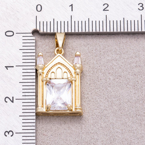 16K Gold Plated Clear CZ Architectural Vintage Church Pendant - Sold Each
