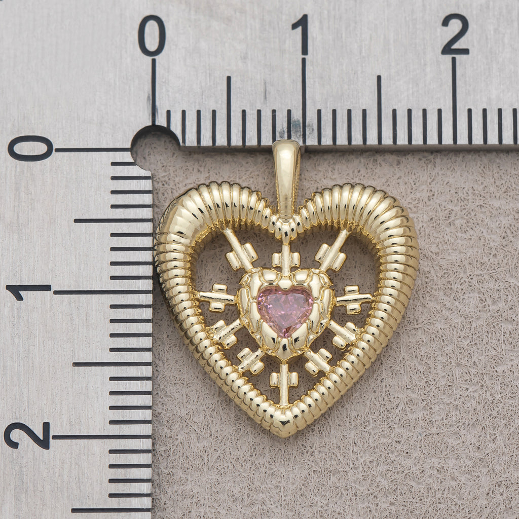 16K Gold Plated Pink CZ Ribbed Sunburst Open Heart Pendant - Sold Each