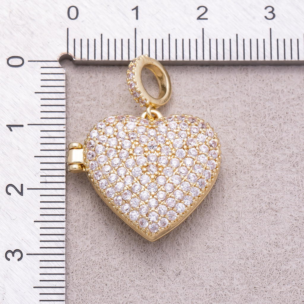 16K Gold Plated Micro Paved CZ Love Heart Open Locket Slider Pendant - Sold Each