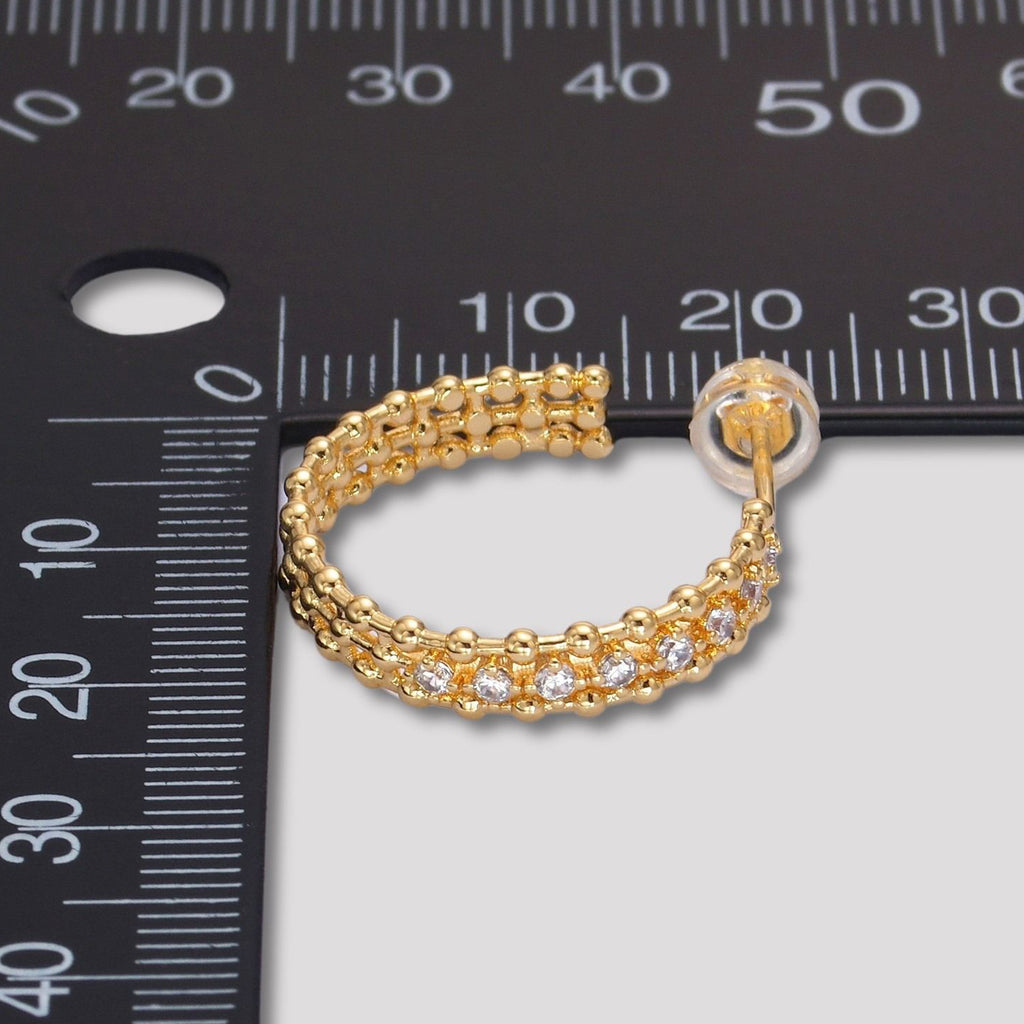 24K Gold Plated Micro Paved CZ Beaded Textured C Hoop Earrings