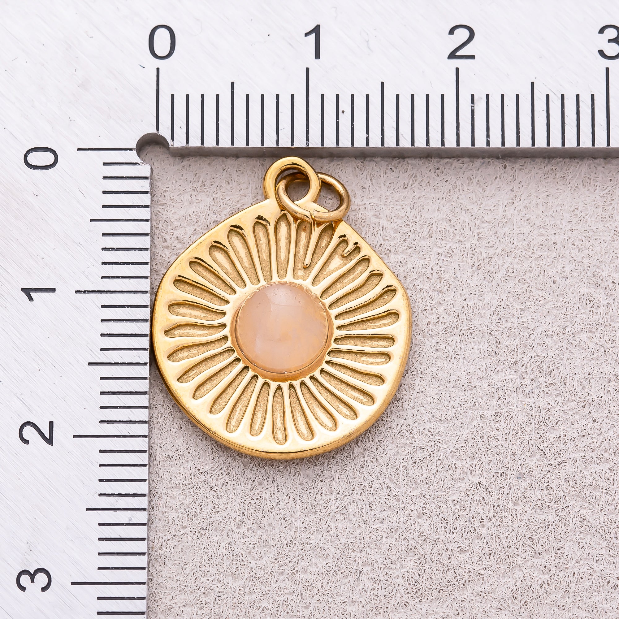 Gold PVD Stainless Steel Rose Quartz Cabochon Natural Gemstone Sunburst Medallion Charm