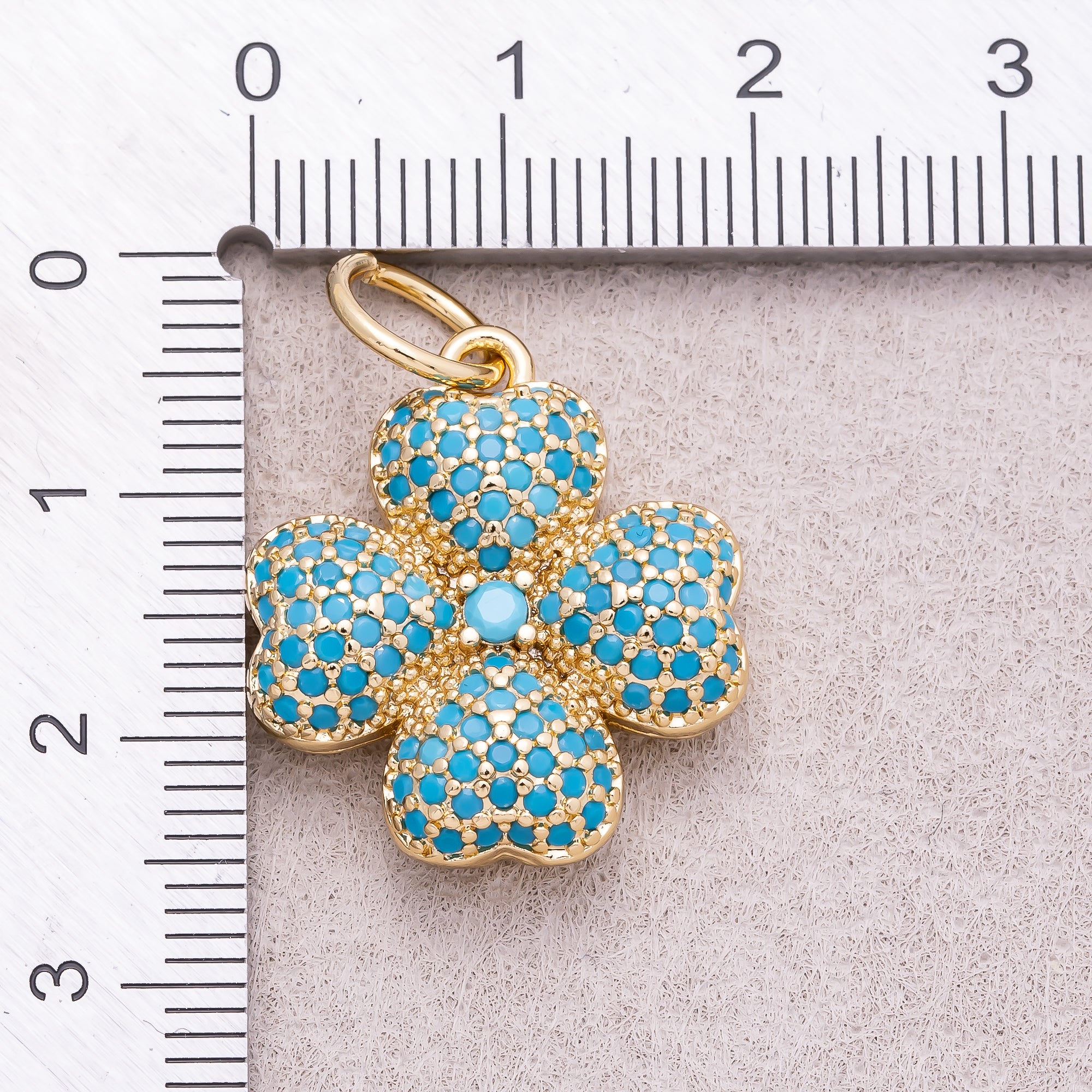 16K Gold Plated Turquoise and Clear Micro Paved CZ Leaf Clover Lucky Charm - Sold Each