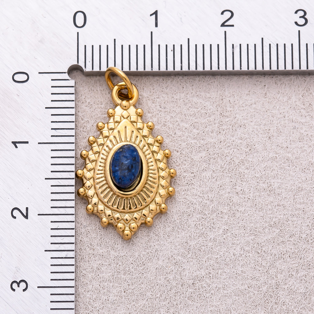 Gold PVD Stainless Steel Sapphire & Olive Oval Vintage Teardrop Sunrays Natural Gemstone Charm