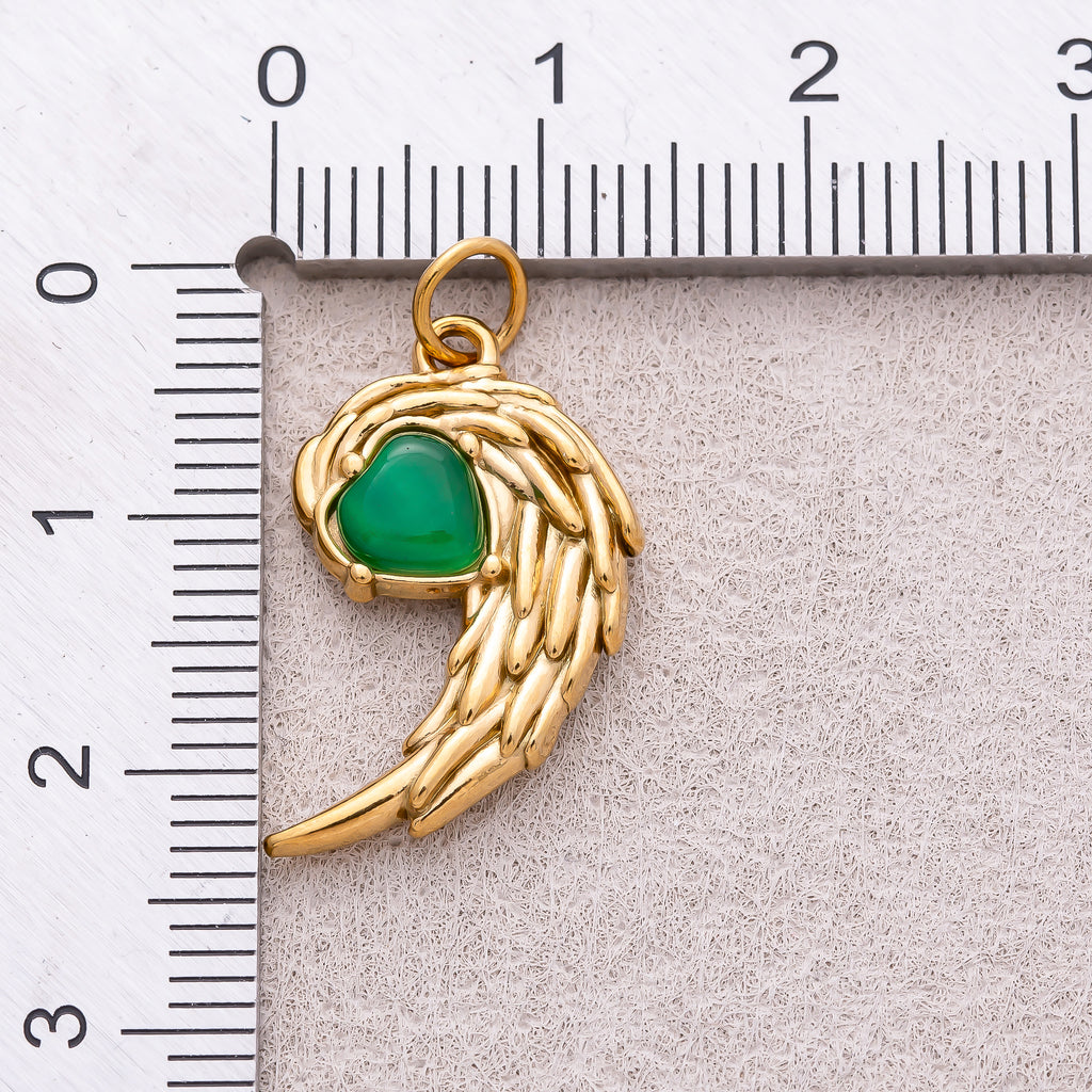 Gold PVD Stainless Steel Emerald Green Half Wings Heart Charm