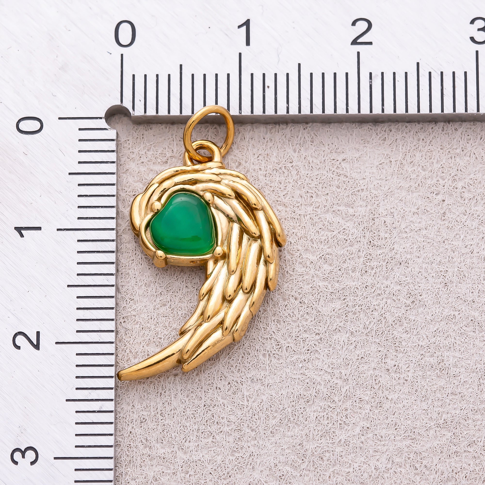 Gold PVD Stainless Steel Emerald Green Half Wings Heart Charm