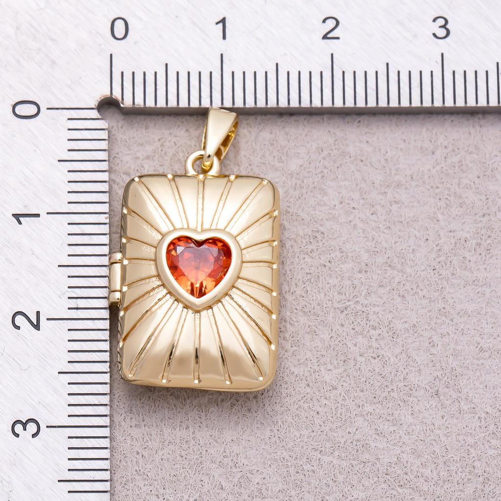 16K Gold Plated Red Heart CZ Sunrays Rectangular Open Locket Pendant - Sold Each