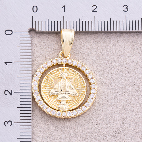 16K Gold Plated Micro Paved CZ Spinning Religious Coin Pendant - Sold Each