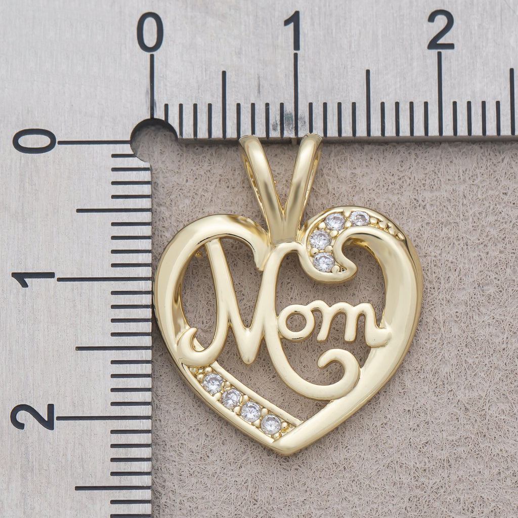 16K Gold Plated Pretty "MOM" Micro Paved CZ Heart Pendant - Sold Each