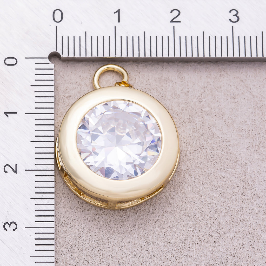 16K Gold Plated Clear CZ Solitaire Round Charm  - Sold Each