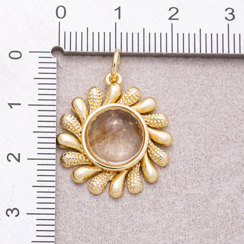 16K Gold Plated Colorful Natural Gemstone Textured Sunflower Charm - Sold Each
