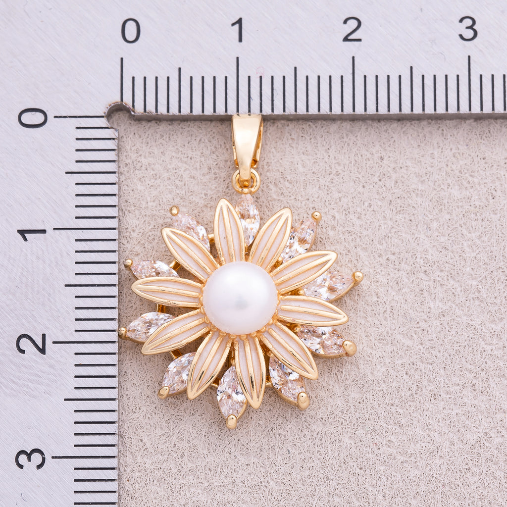 16K Gold Plated Shell Pearl Marquise CZ Daisy Flower Pendant - Sold Each