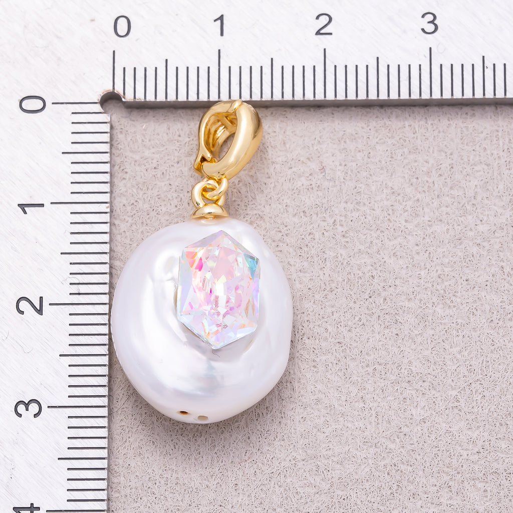 18K Gold Plated Hexagon CZ Baroque White Freshwater Pearl Coin Pendant - Sold Each