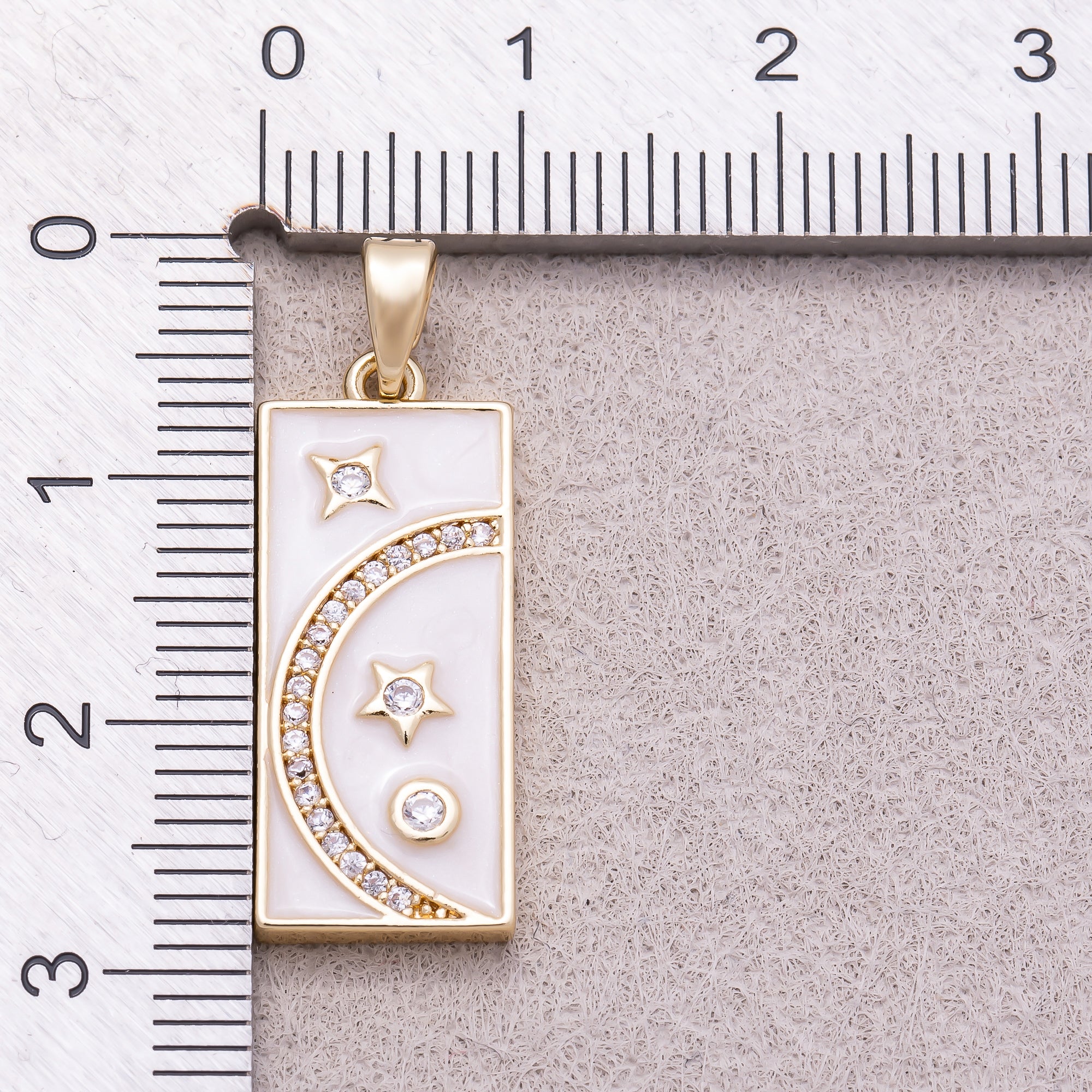 16K Gold Plated Clear CZ White Enamel Celestial Moon and Star Rectangular Tag Pendant - Sold Each