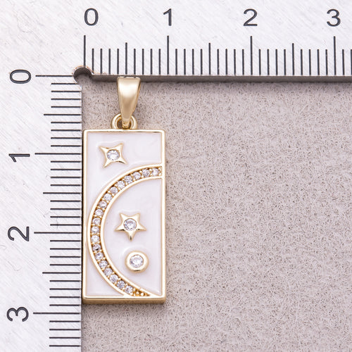 16K Gold Plated Clear CZ White Enamel Celestial Moon and Star Rectangular Tag Pendant - Sold Each