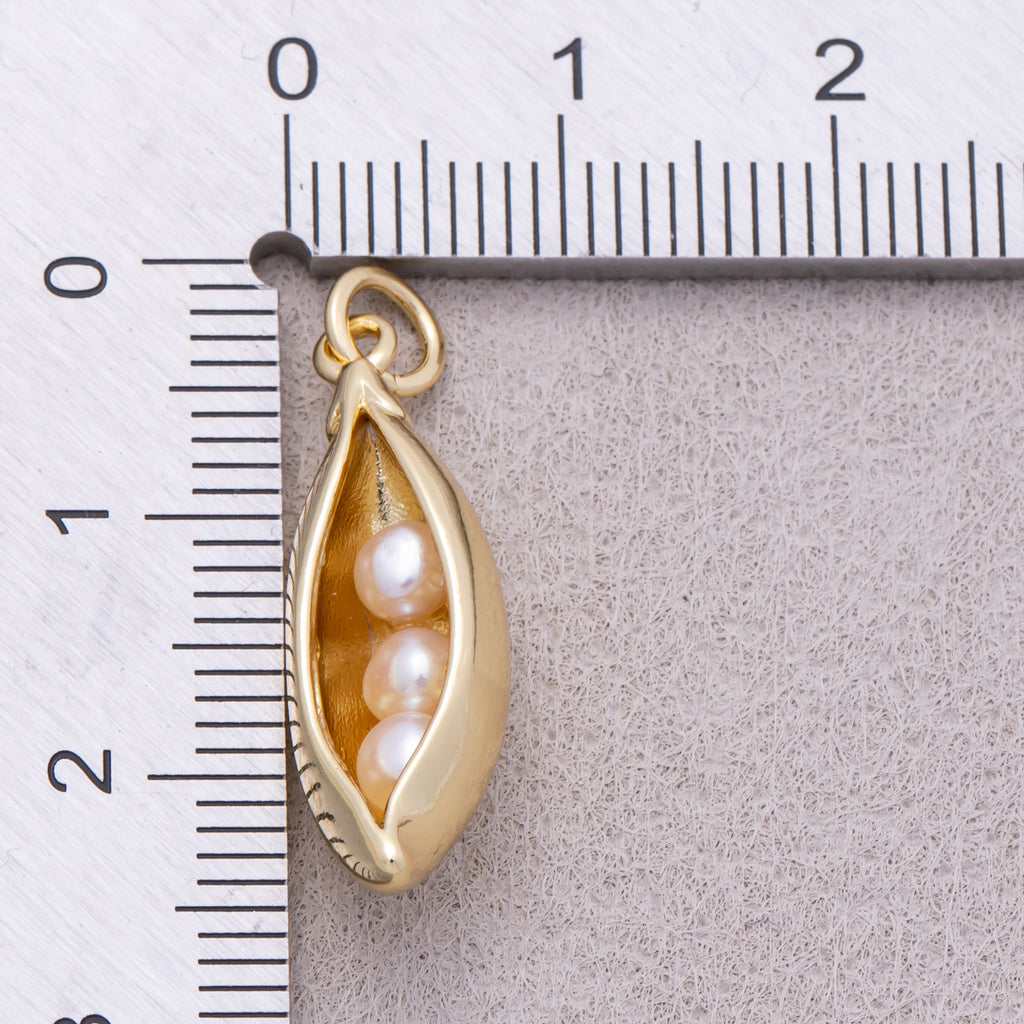16K Gold Plated Triple Shell Pearl Pea Pod Vegetable Charm - Sold Each