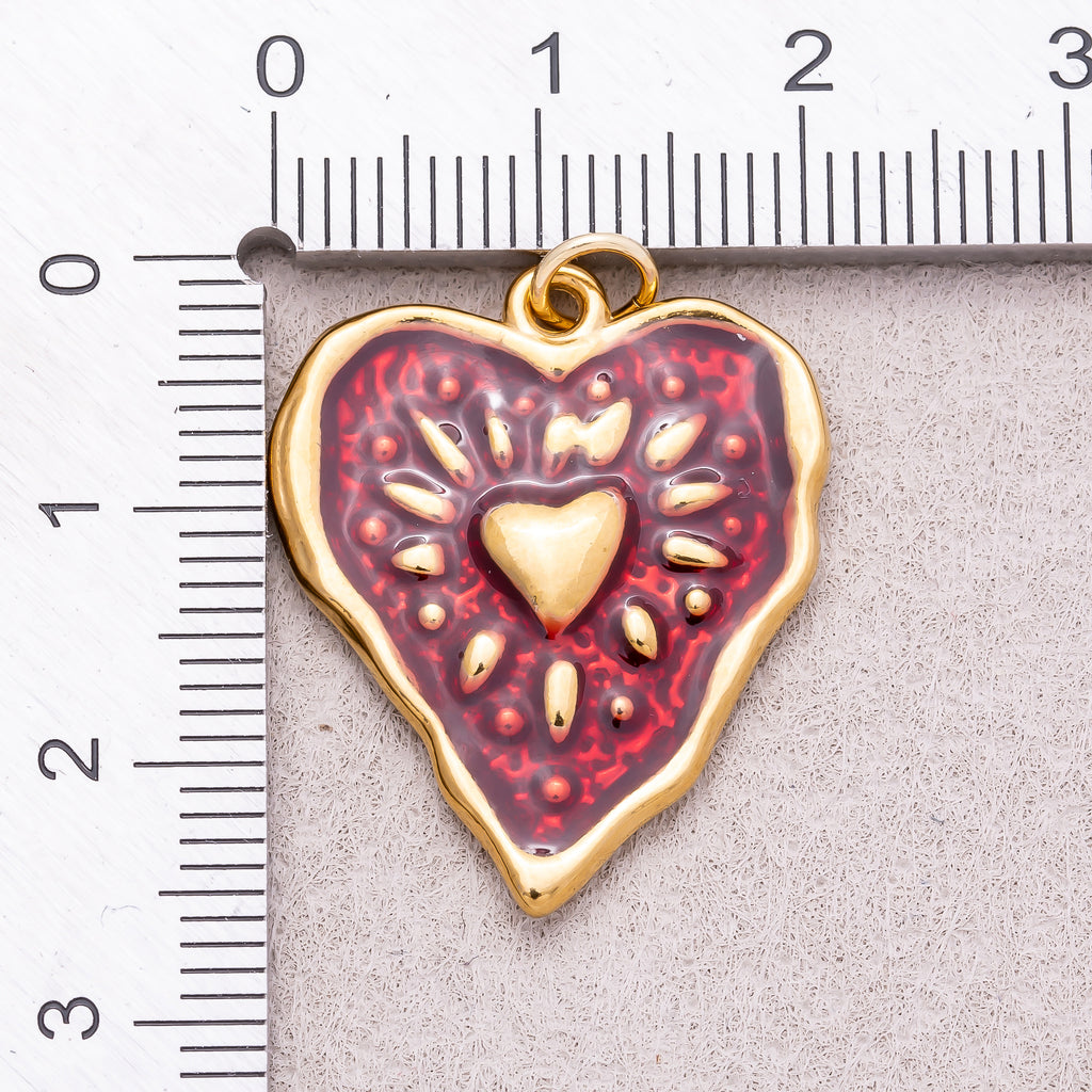 Gold PVD Stainless Steel Red Enamel Shining Heart Charm