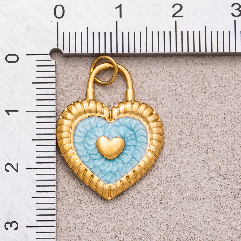 Gold PVD Stainless Steel Pink, Blue Enamel Ribbed Heart Padlock Charm