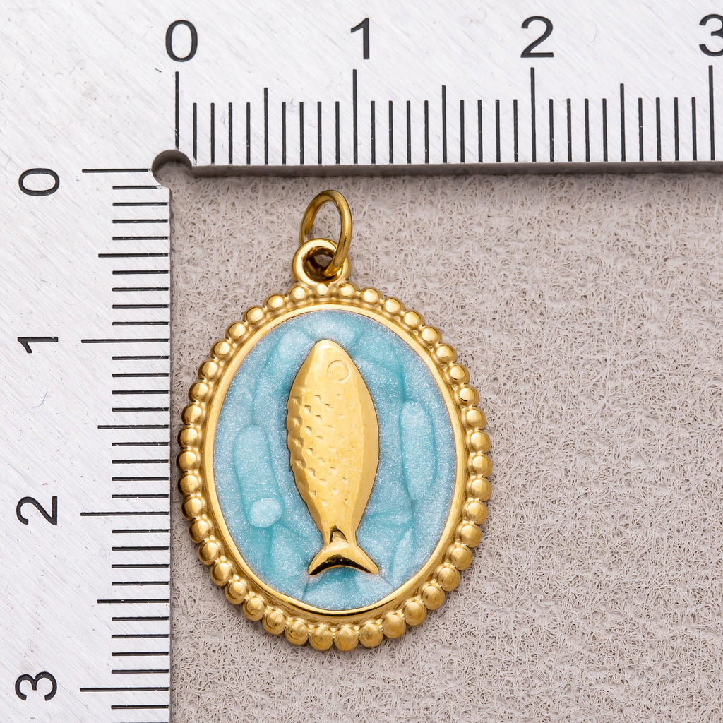 Gold PVD Stainless Steel Pink, Blue, White Enamel Fish Dotted Medallion Oval Charm