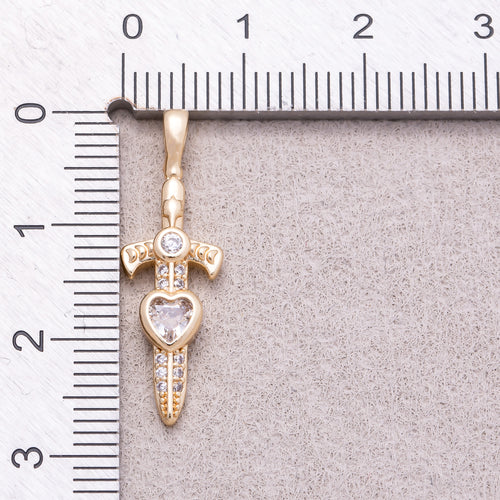 16K Gold Plated Heart CZ Religious Cross Sword Pendant - Sold Each